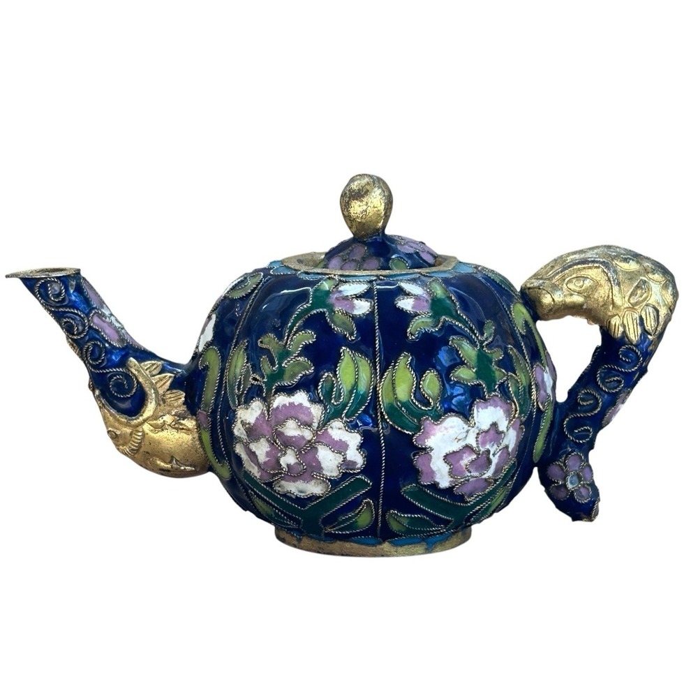 Vintage Miniature Cloisonné Enamel Teapot Floral With Gold Tone Accents